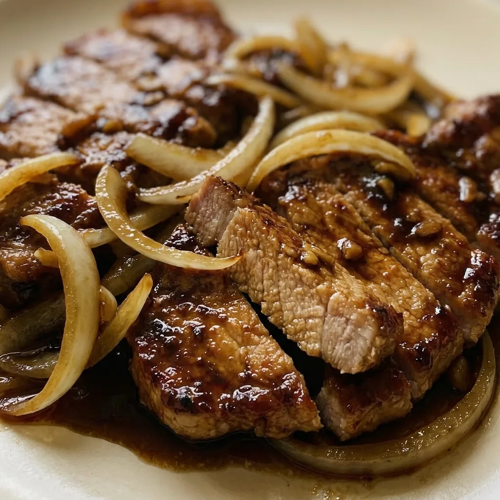 Close view of a pork chop with glossy sauce, scattered garlic slices, and crispy shallots, surrounded by soft onion strips.
