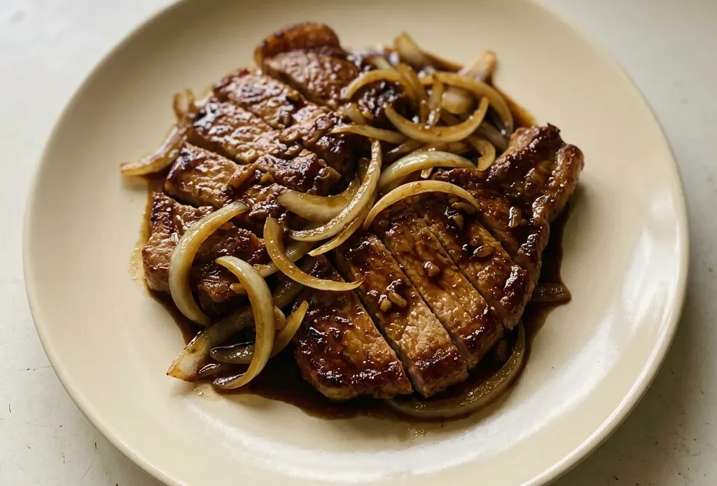 Overhead shot of two pork chops glazed with dark soy sauce, topped with sliced green onions and fried shallots on a bed of caramelized onions.