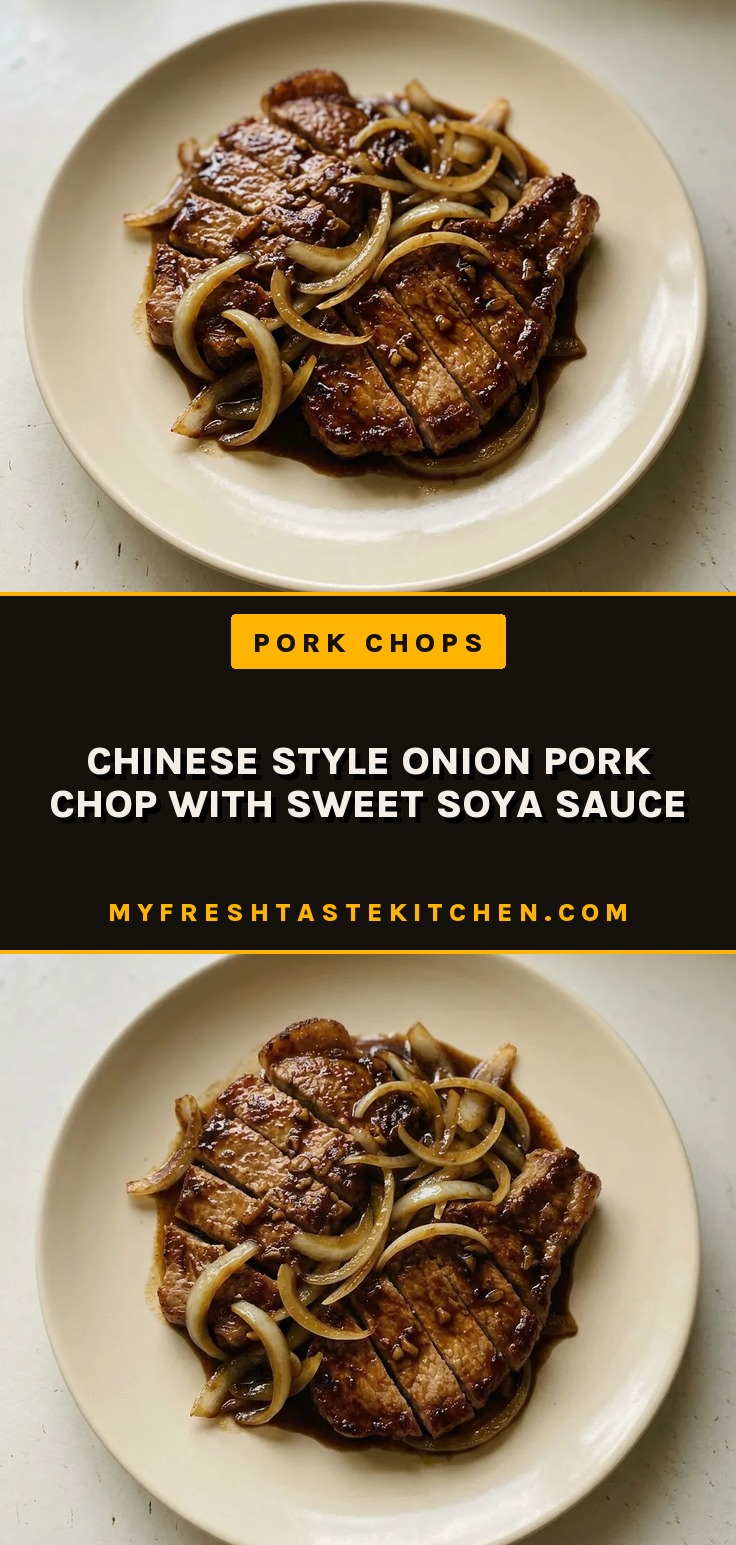 Overhead shot of two pork chops glazed with dark soy sauce, topped with sliced green onions and fried shallots on a bed of caramelized onions.