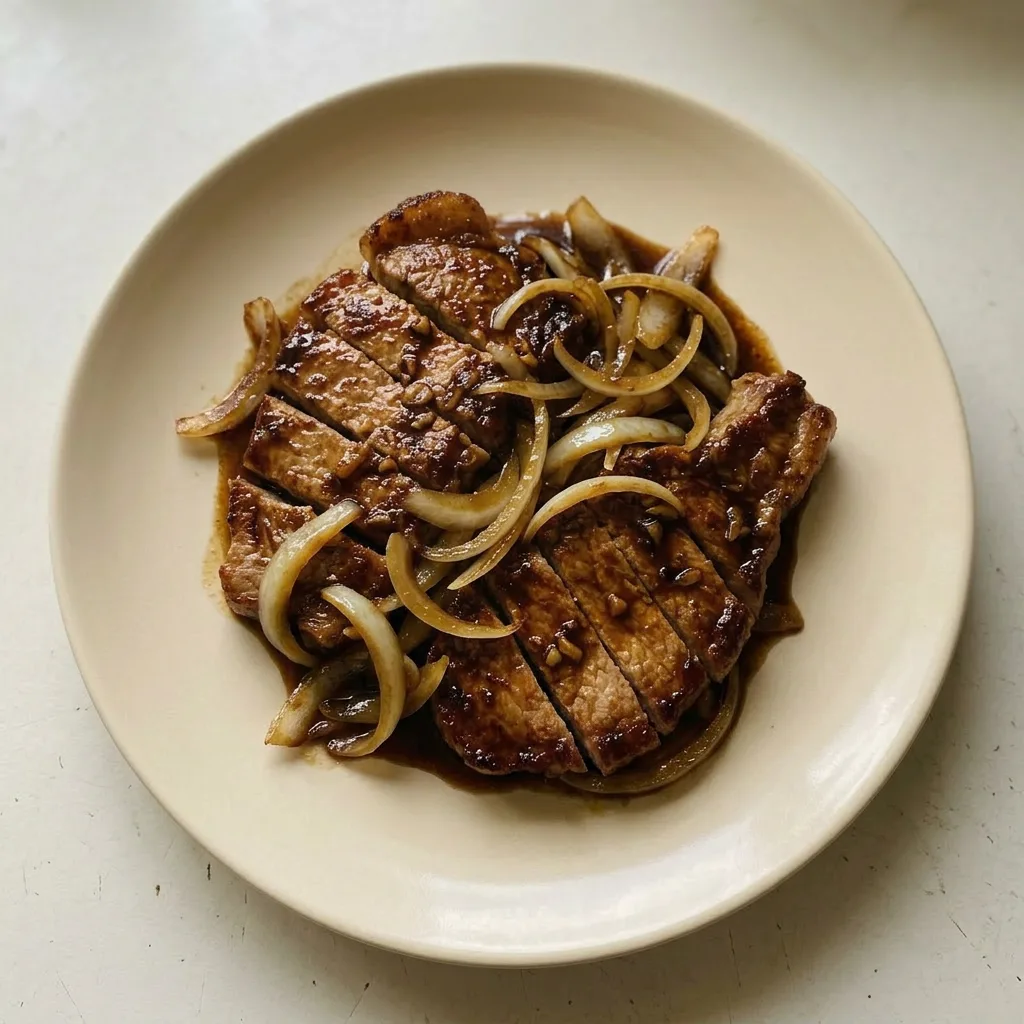 Plated pork chop with thick sweet soy glaze, garnished with fresh scallions and crispy shallots, next to a mound of sautéed onions.
