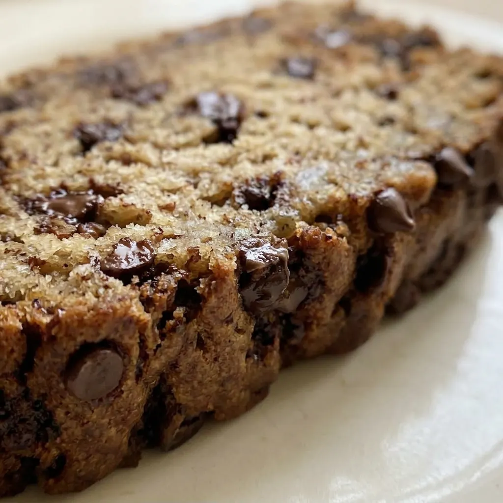Macro detail of a slice of banana bread with visible chocolate chips and banana pieces, highlighting the moist texture and cracks on the top crust.