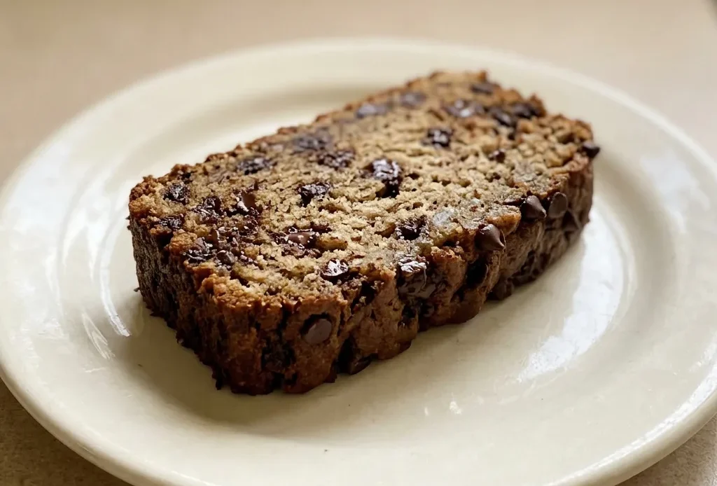 Top-down look at a slice of chocolate chip banana bread on a white surface, showing banana chunks and chocolate chips scattered throughout the crumb.