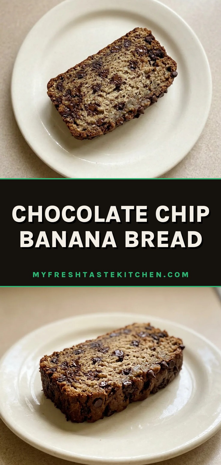 Top-down look at a slice of chocolate chip banana bread on a white surface, showing banana chunks and chocolate chips scattered throughout the crumb.