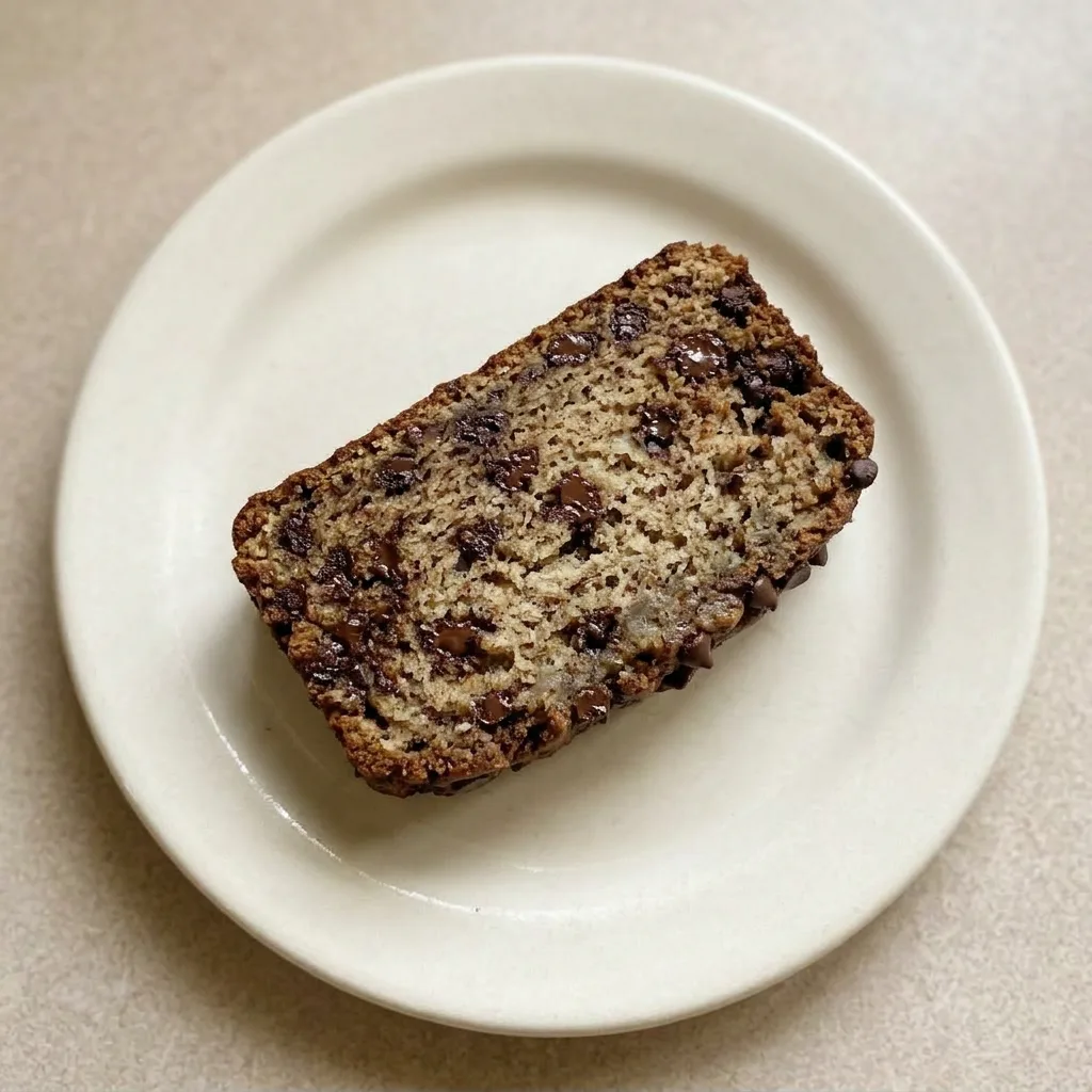 A serving of chocolate chip banana bread, sliced to reveal a dense crumb studded with chocolate chips and banana, with a glossy top.