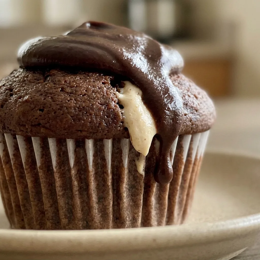 Zoomed in on a chocolate cupcake with glossy coffee cream frosting and a chocolate shard.