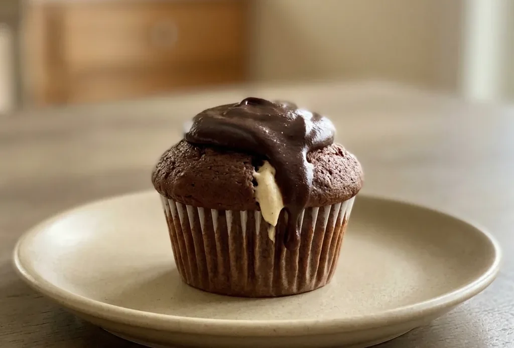 Bird's-eye view of a chocolate cupcake topped with coffee cream swirl and a chocolate curl.