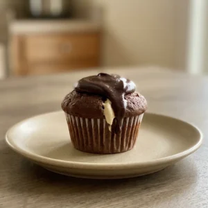 Bird's-eye view of a chocolate cupcake topped with coffee cream swirl and a chocolate curl.