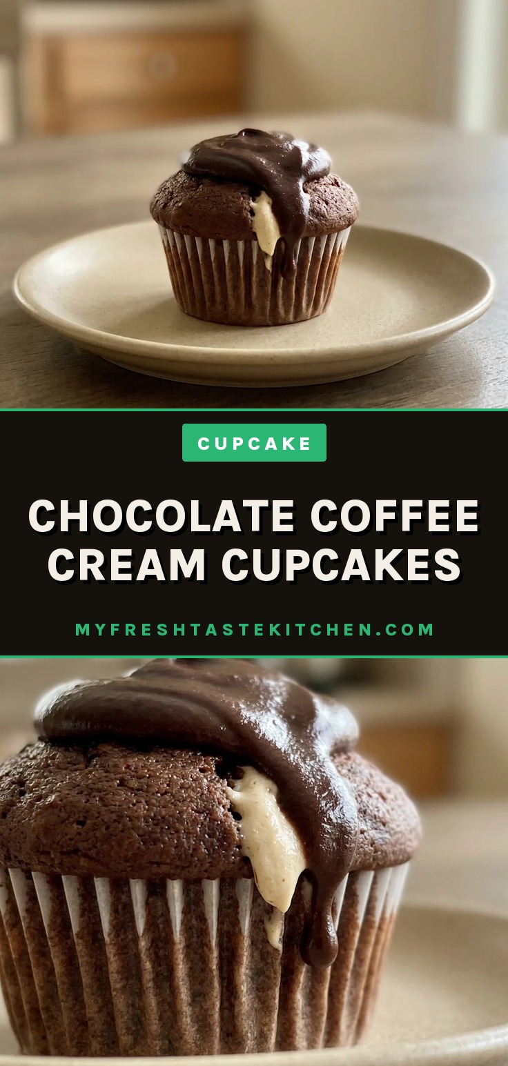 Bird's-eye view of a chocolate cupcake topped with coffee cream swirl and a chocolate curl.