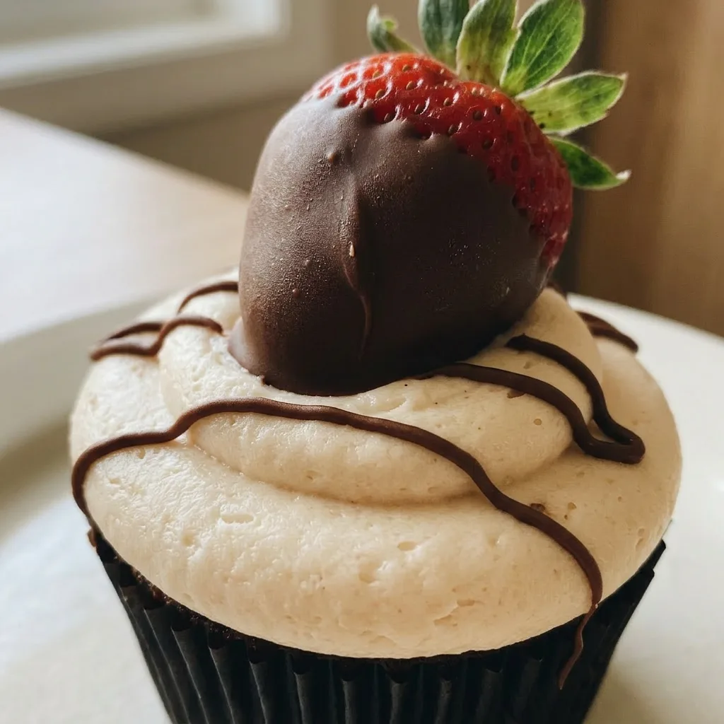 Up close, a chocolate cupcake with swirled strawberry buttercream, a chocolate curl, and a sliced strawberry on top, showing the moist crumb.