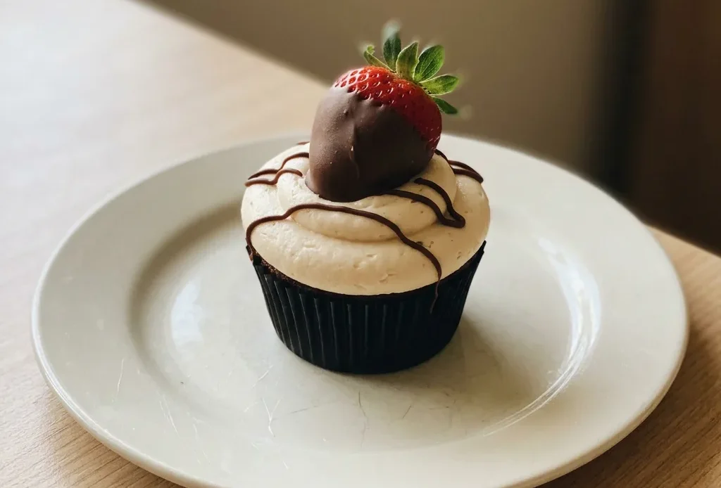 Looking down at three chocolate cupcakes topped with pink strawberry buttercream and a chocolate drizzle, each crowned with a fresh strawberry.