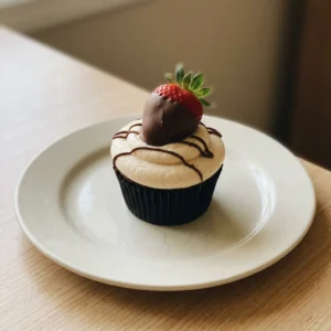 Looking down at three chocolate cupcakes topped with pink strawberry buttercream and a chocolate drizzle, each crowned with a fresh strawberry.