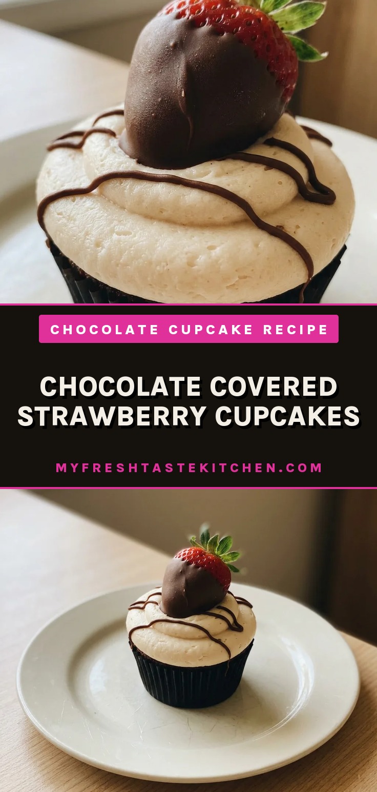 Looking down at three chocolate cupcakes topped with pink strawberry buttercream and a chocolate drizzle, each crowned with a fresh strawberry.