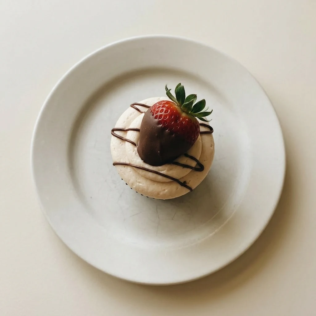 A plate of chocolate cupcakes with strawberry buttercream, chocolate shavings, and whole strawberries, arranged in a row.