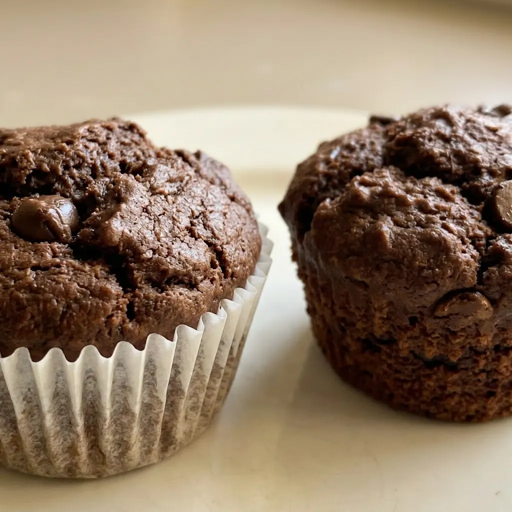 Up close, a chocolate muffin with visible chocolate chips and a moist crumb texture.