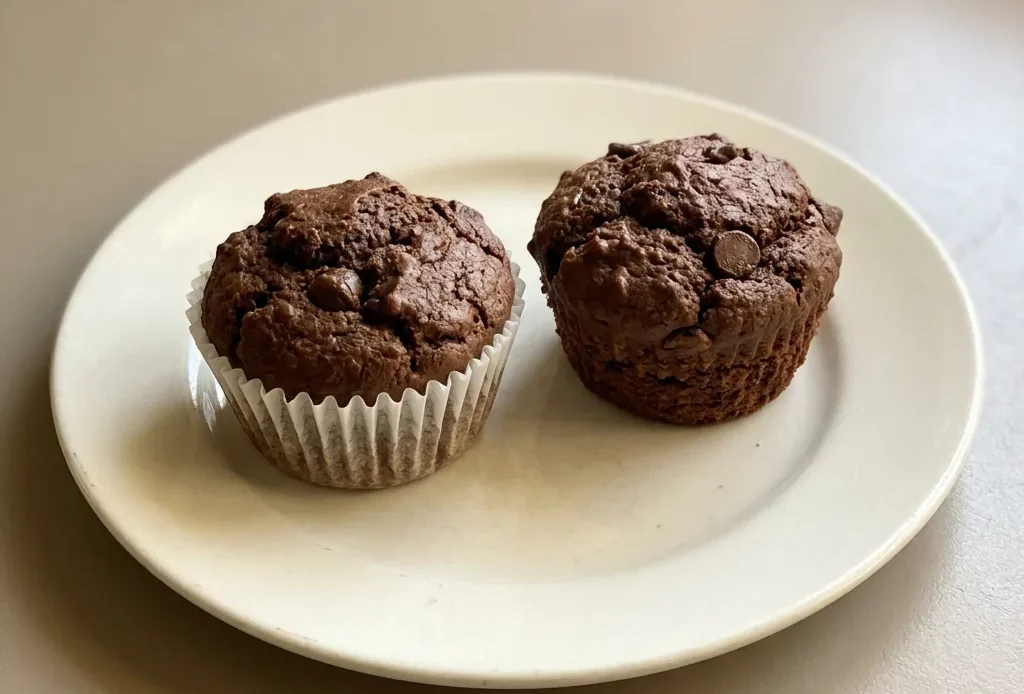Looking down at three chocolate muffins topped with chocolate chips on a white plate.