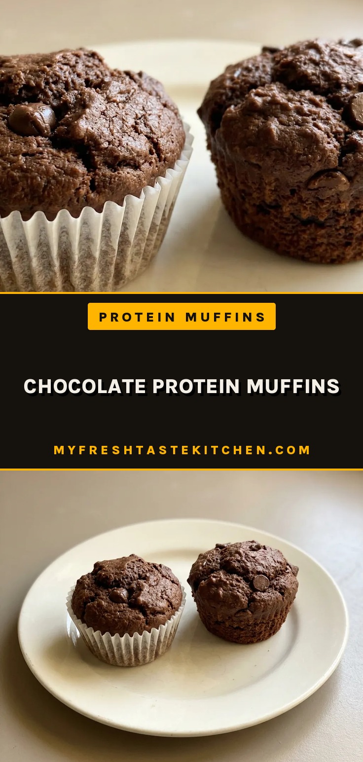Looking down at three chocolate muffins topped with chocolate chips on a white plate.