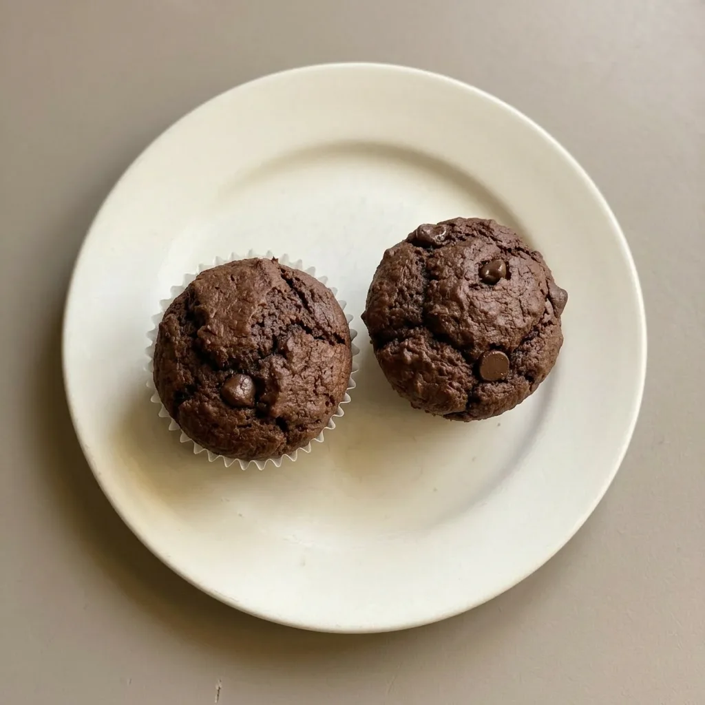A plate of chocolate protein muffins, each with a domed top and chocolate chips.