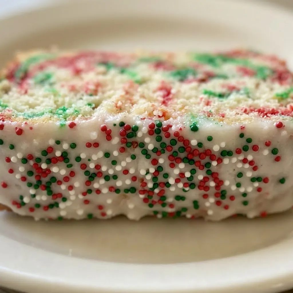 Close view of a bread slice with white glaze and rainbow sprinkles, crumb visible.