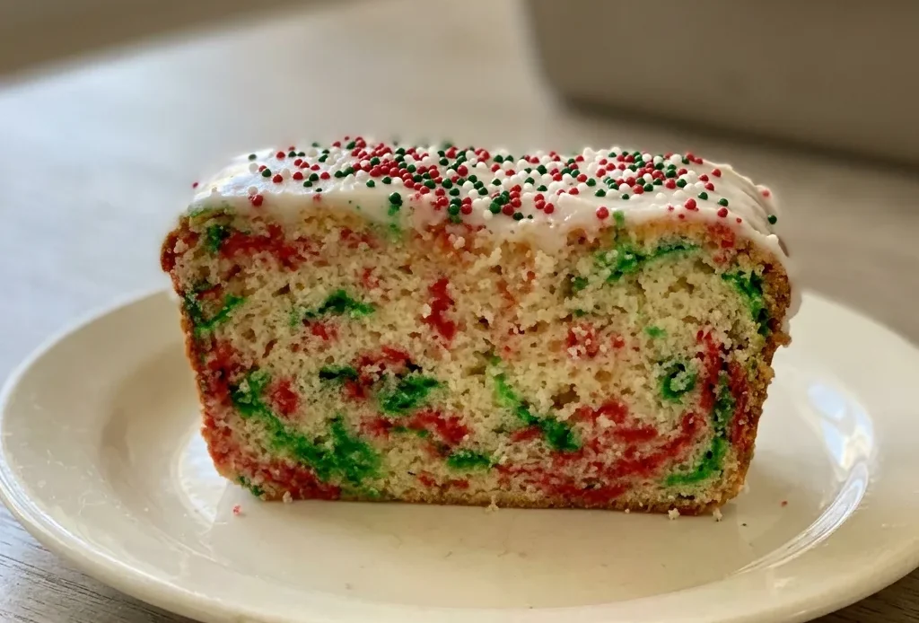 Overhead shot of a sliced loaf with white icing and colorful sprinkles on a dark surface.