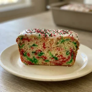 Overhead shot of a sliced loaf with white icing and colorful sprinkles on a dark surface.