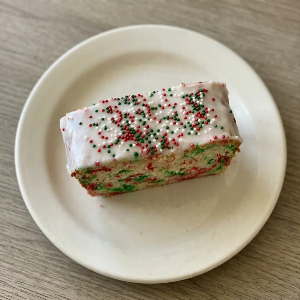 Plated slice of buttermilk bread topped with powdered sugar icing and sprinkles.