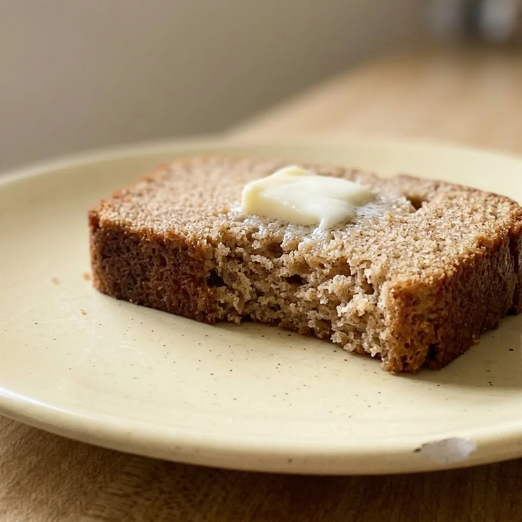 Macro detail of a slice of cinnamon applesauce bread with visible applesauce swirls and a dusting of cinnamon.
