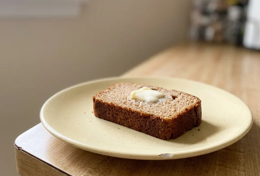 Top-down look at a slice of cinnamon applesauce bread topped with a dollop of Greek yogurt and a sprinkle of nutmeg.