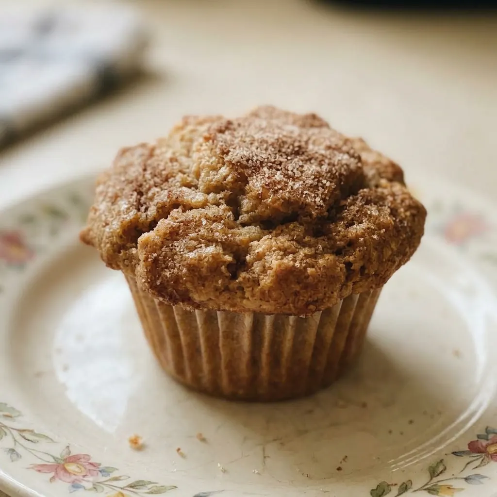 Up close, a muffin's golden-brown top with visible cinnamon specks and a pat of melting butter.