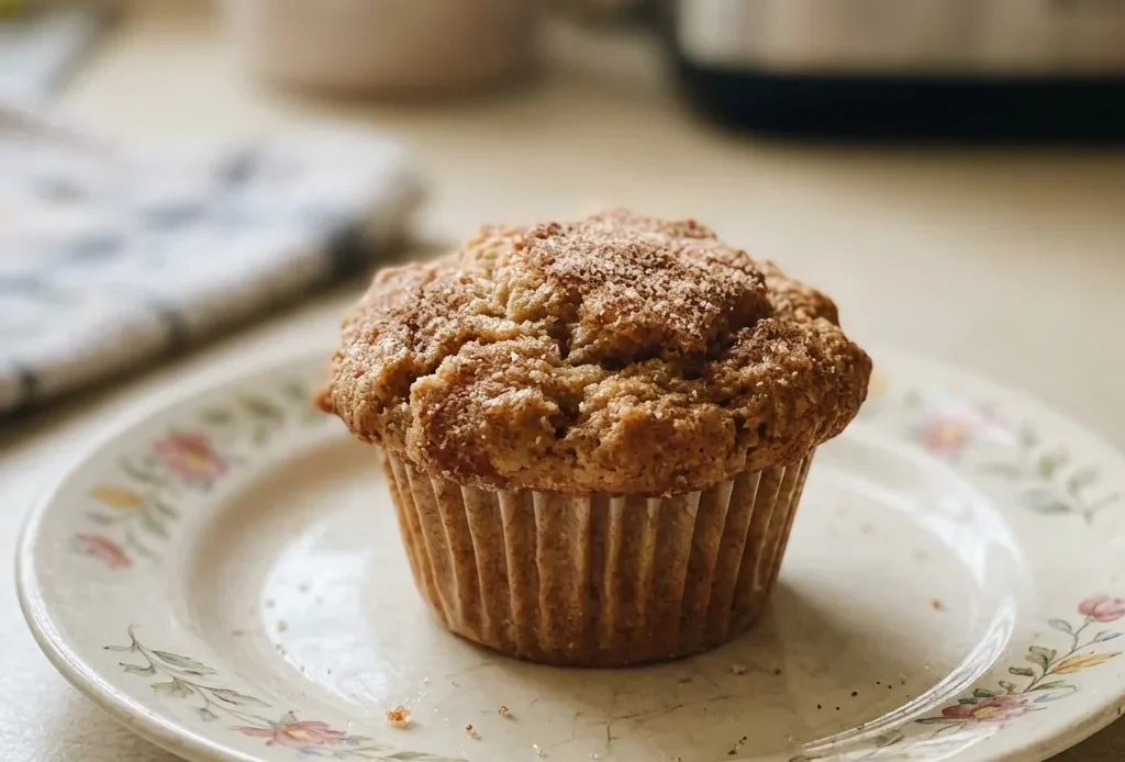 Looking down at six cinnamon applesauce muffins topped with a swirl of butter and a dusting of cinnamon.