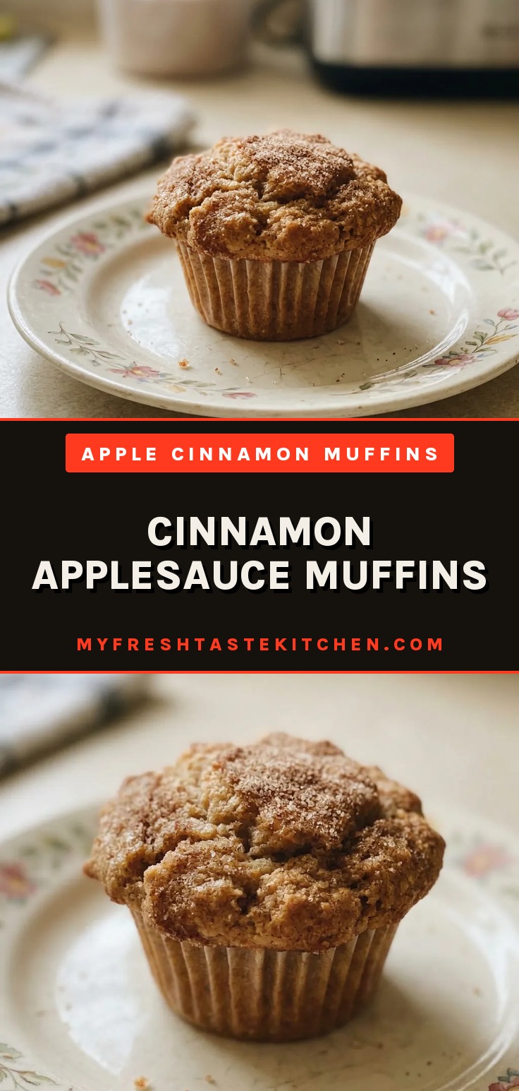 Looking down at six cinnamon applesauce muffins topped with a swirl of butter and a dusting of cinnamon.