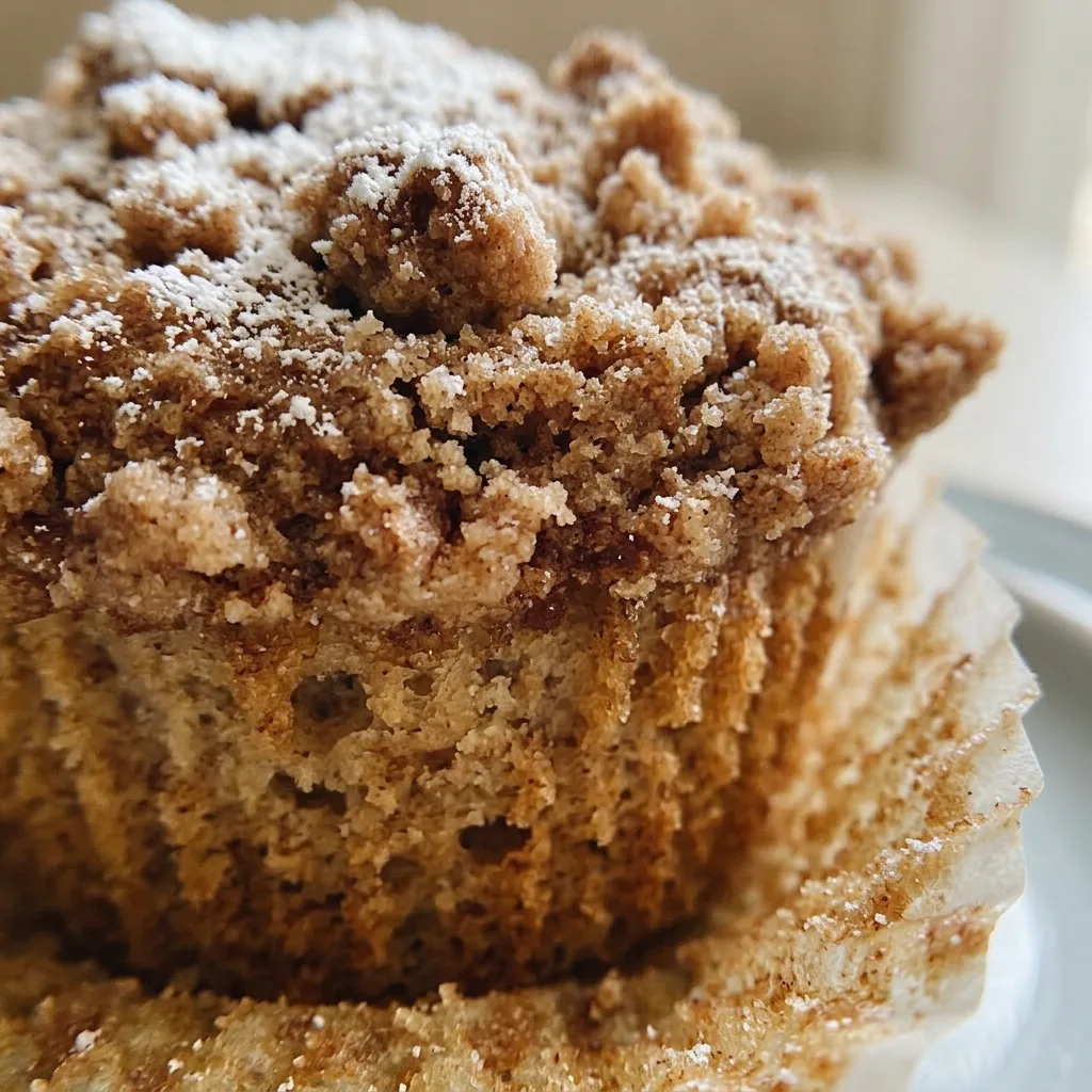 Up close, a muffin with visible vanilla specks and butter streaks in the crumb, topped with a thick layer of cinnamon streusel.