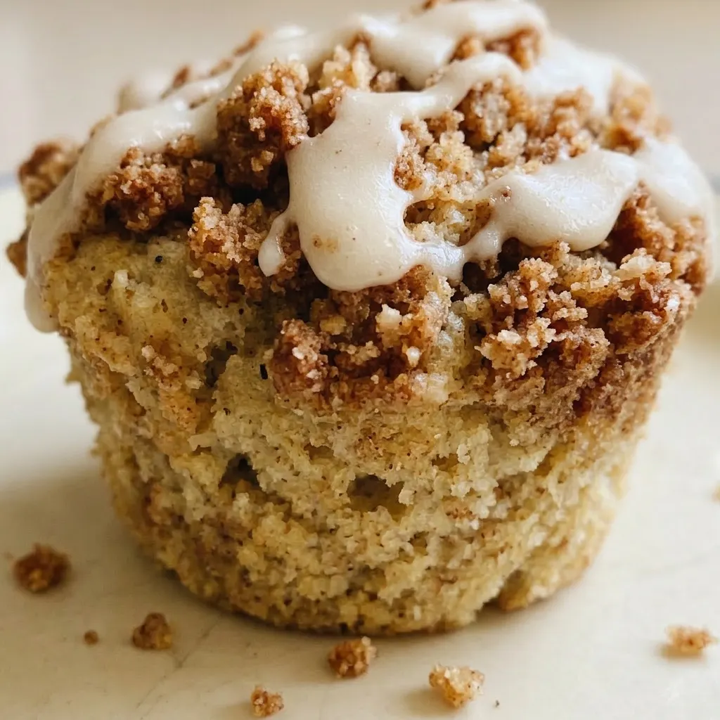 Close view of a muffin's golden-brown streusel crust with cinnamon specks and a moist interior.