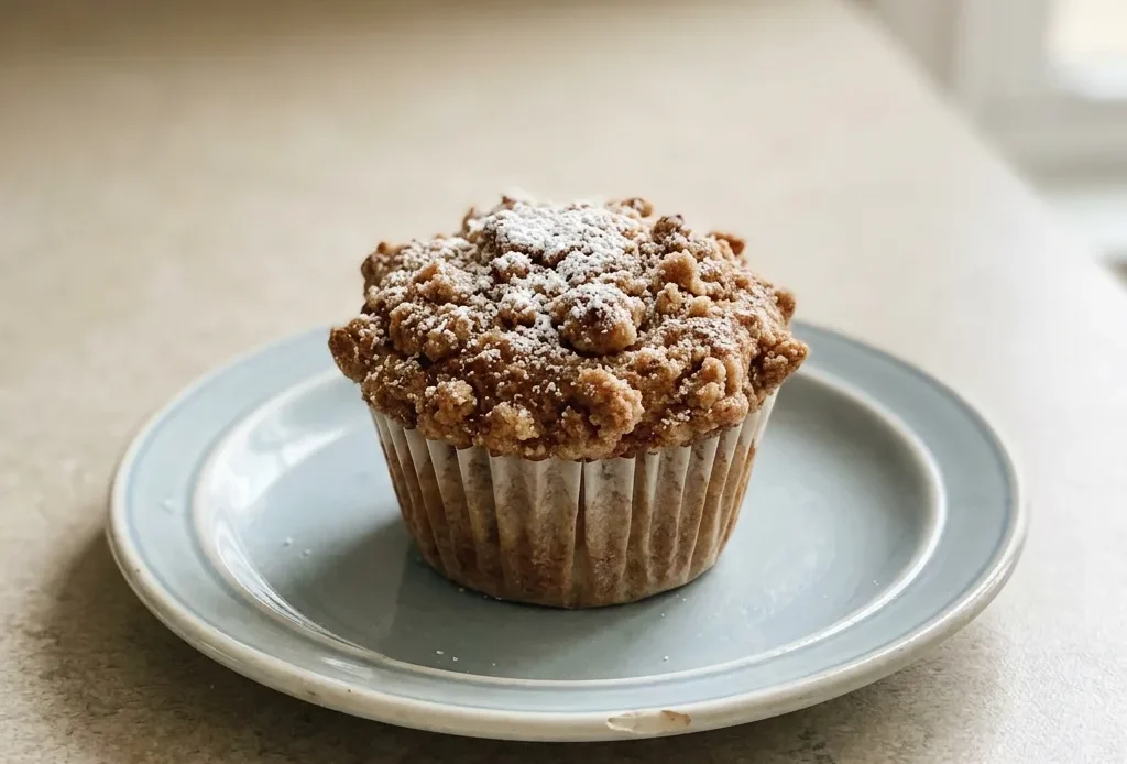 Looking down at three muffins with cinnamon streusel topping, arranged in a triangle, each showing a golden-brown dome with crumbly topping.