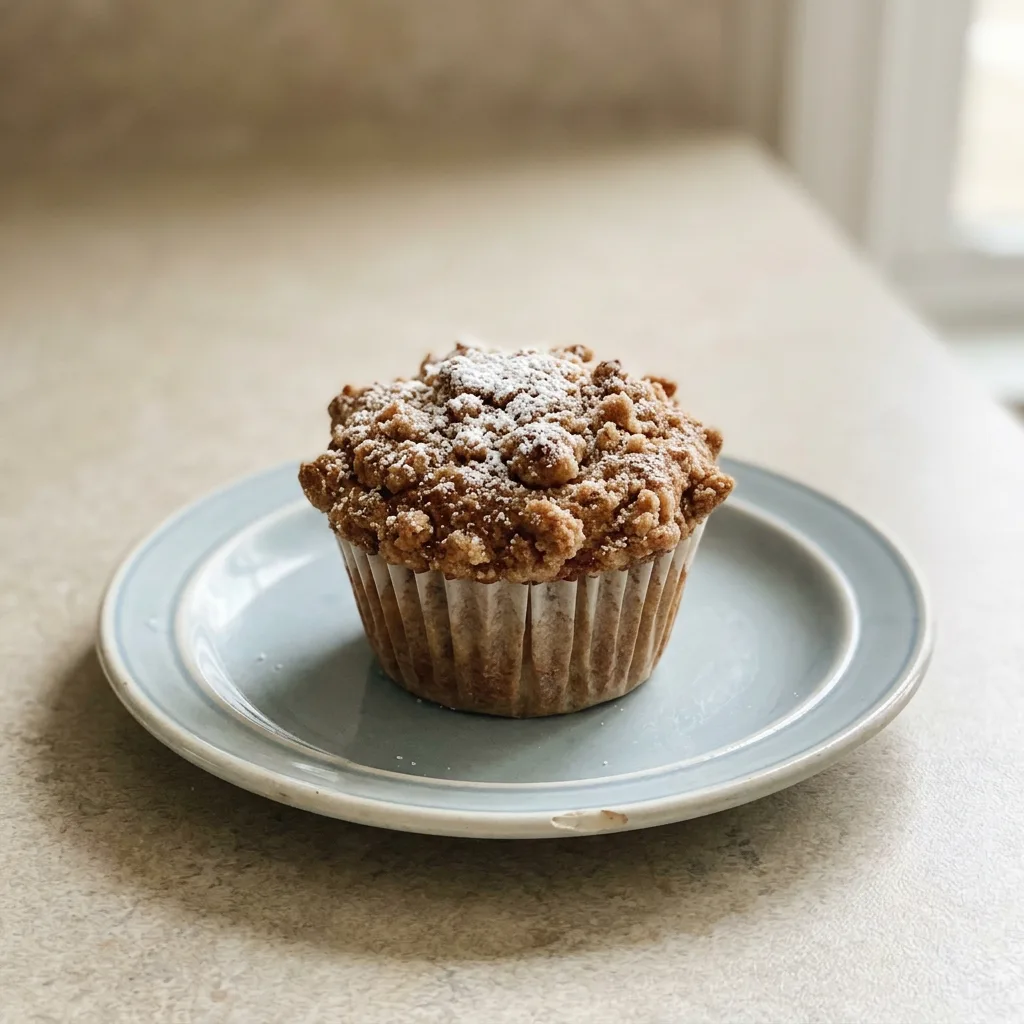 Looking down at three muffins with cinnamon streusel topping, arranged in a triangle, each showing a golden-brown dome with crumbly topping.