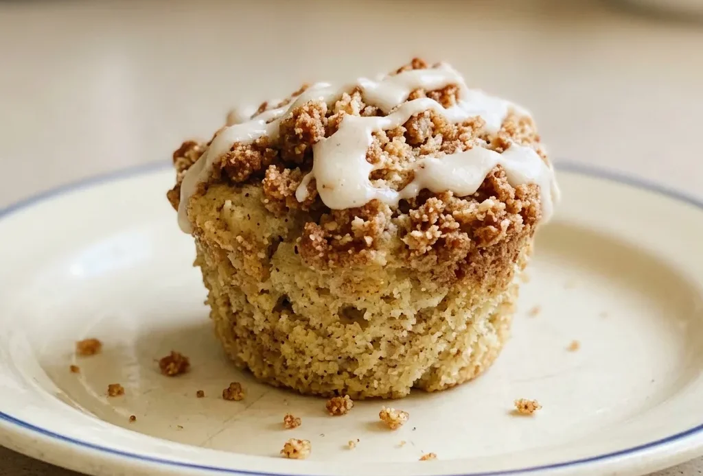 Overhead shot of a round muffin with a crumbly cinnamon streusel topping, visible apple pieces on top.