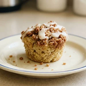 Overhead shot of a round muffin with a crumbly cinnamon streusel topping, visible apple pieces on top.