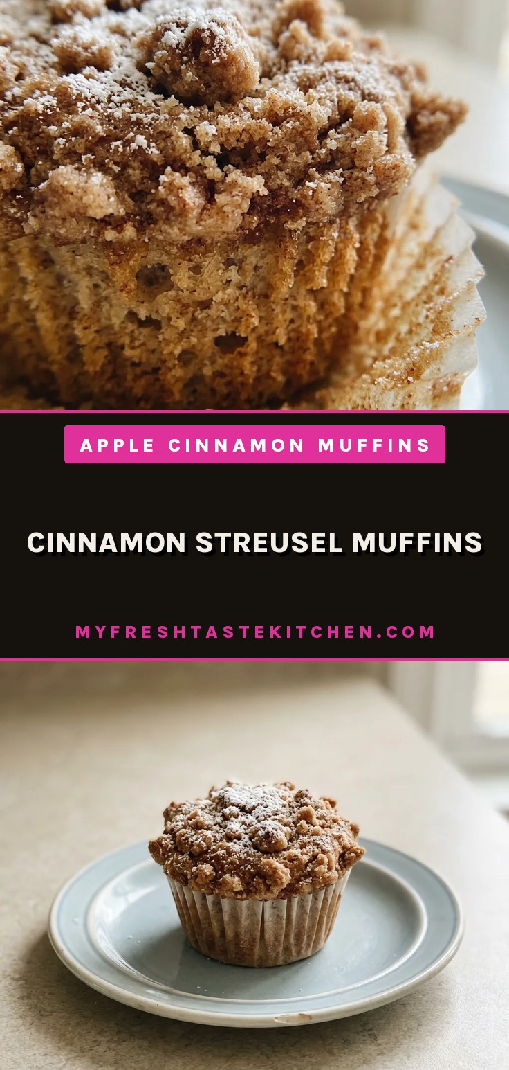 Looking down at three muffins with cinnamon streusel topping, arranged in a triangle, each showing a golden-brown dome with crumbly topping.