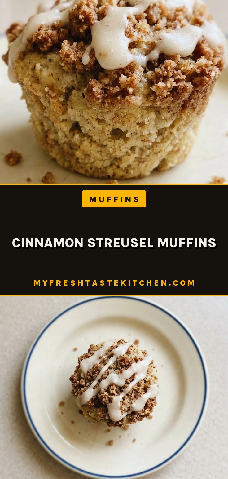 Overhead shot of a round muffin with a crumbly cinnamon streusel topping, visible apple pieces on top.
