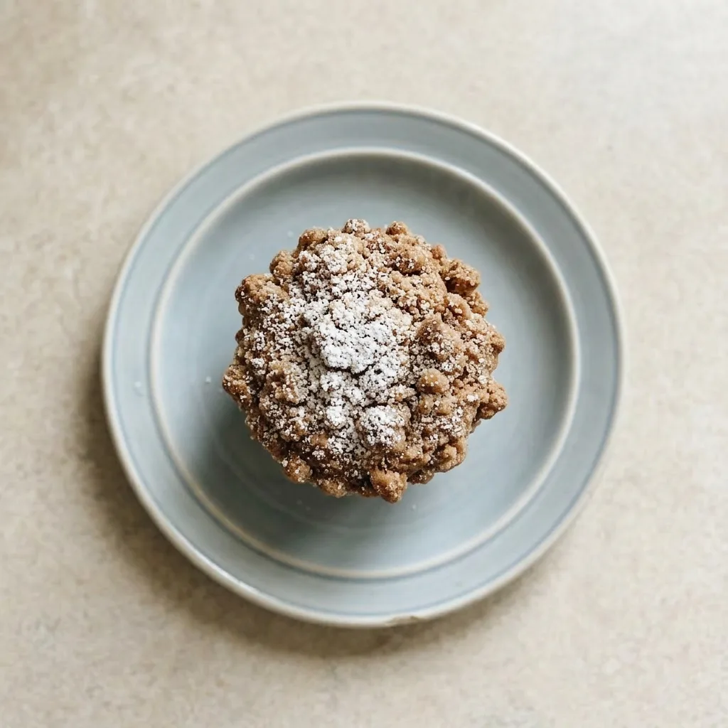 A plate of muffins with cinnamon streusel, displaying a cracked top with buttery streaks and a dusting of cinnamon.