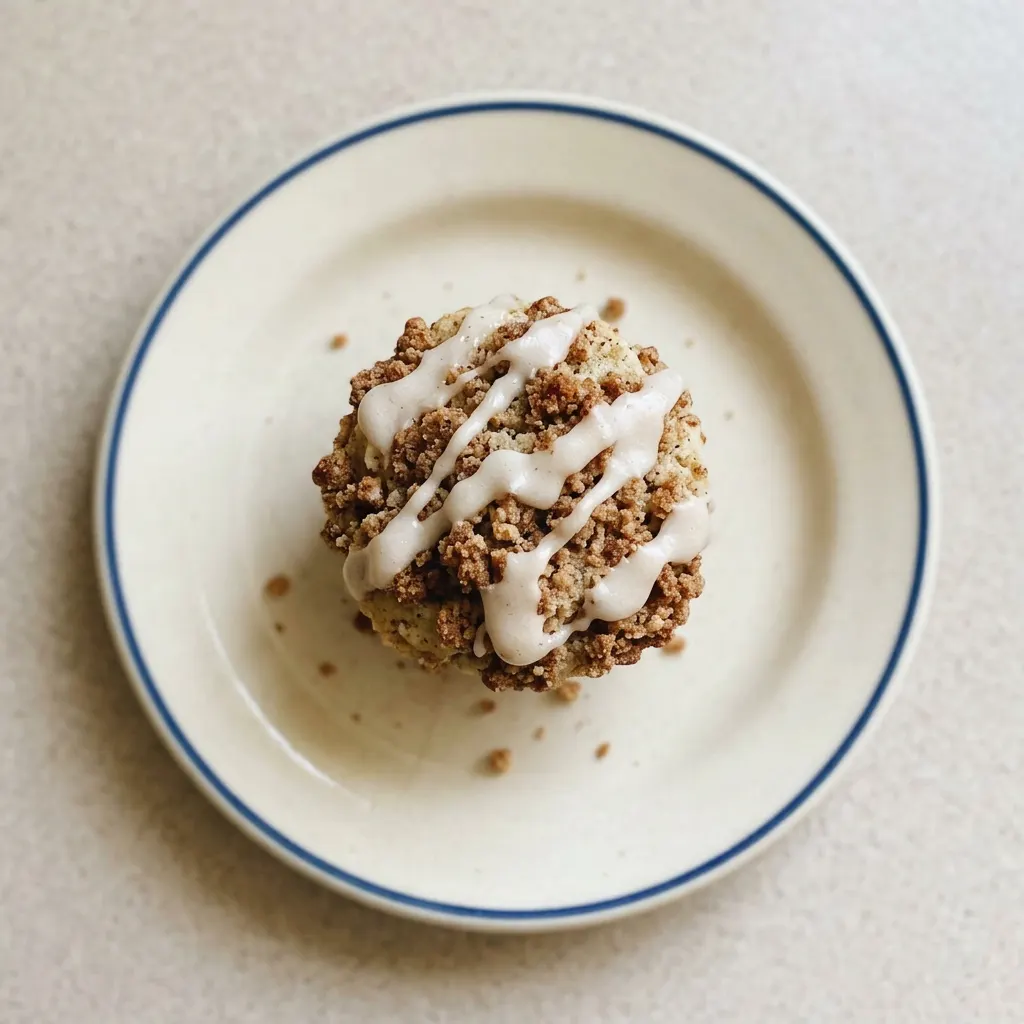 Plated muffin with a thick layer of cinnamon streusel, applesauce glaze, and a coconut milk drizzle.