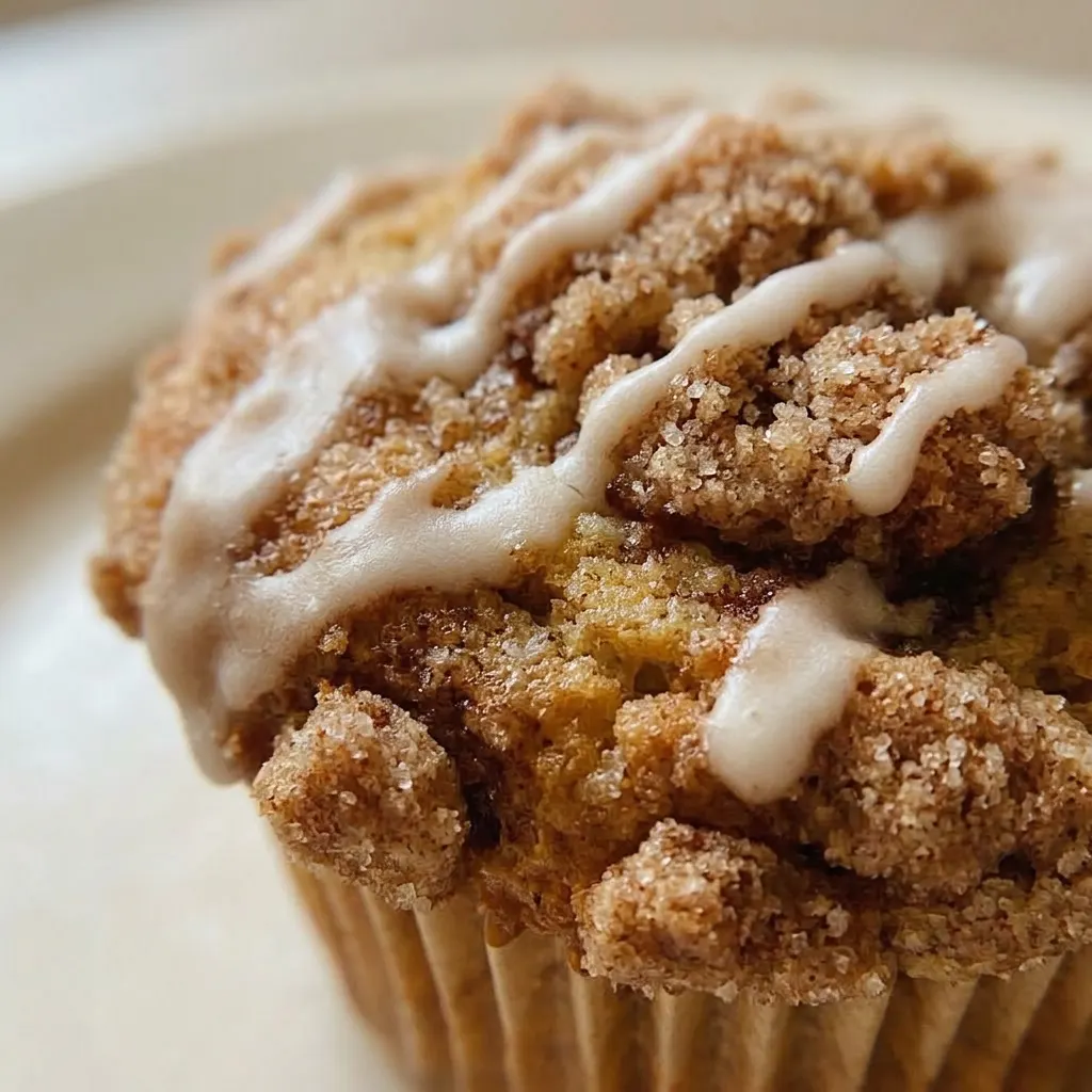 Up close, a muffin’s cinnamon swirl visible through the crumb, topped with brown sugar and walnuts.