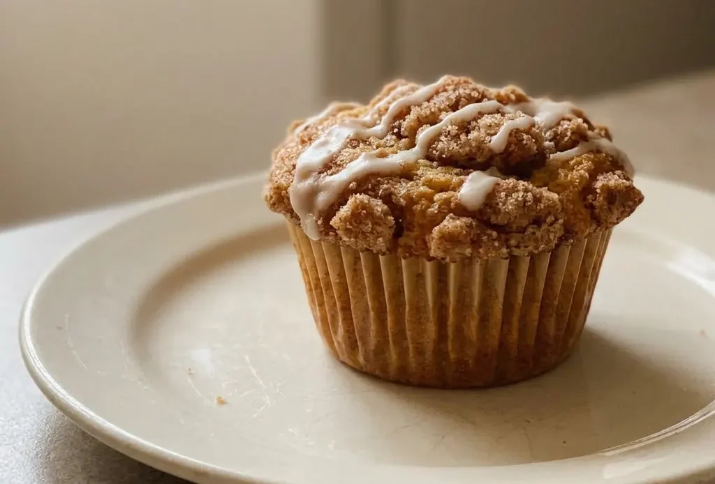Looking down at three cinnamon swirl muffins with walnut pieces on top, arranged in a triangle.