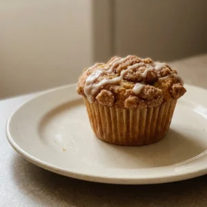 Looking down at three cinnamon swirl muffins with walnut pieces on top, arranged in a triangle.