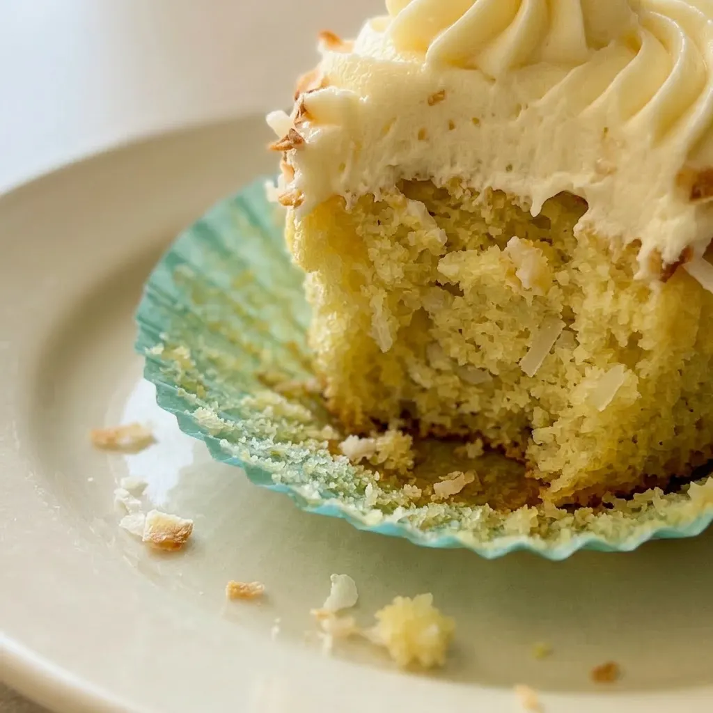 Up close, a coconut cupcake with creamy frosting and toasted coconut flakes on top.