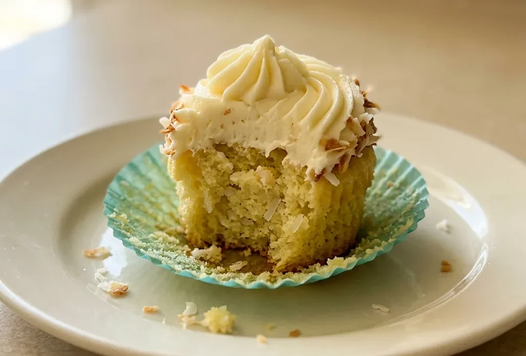 Looking down at three coconut cupcakes topped with white frosting and shredded coconut flakes.