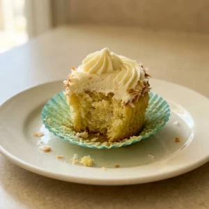 Looking down at three coconut cupcakes topped with white frosting and shredded coconut flakes.
