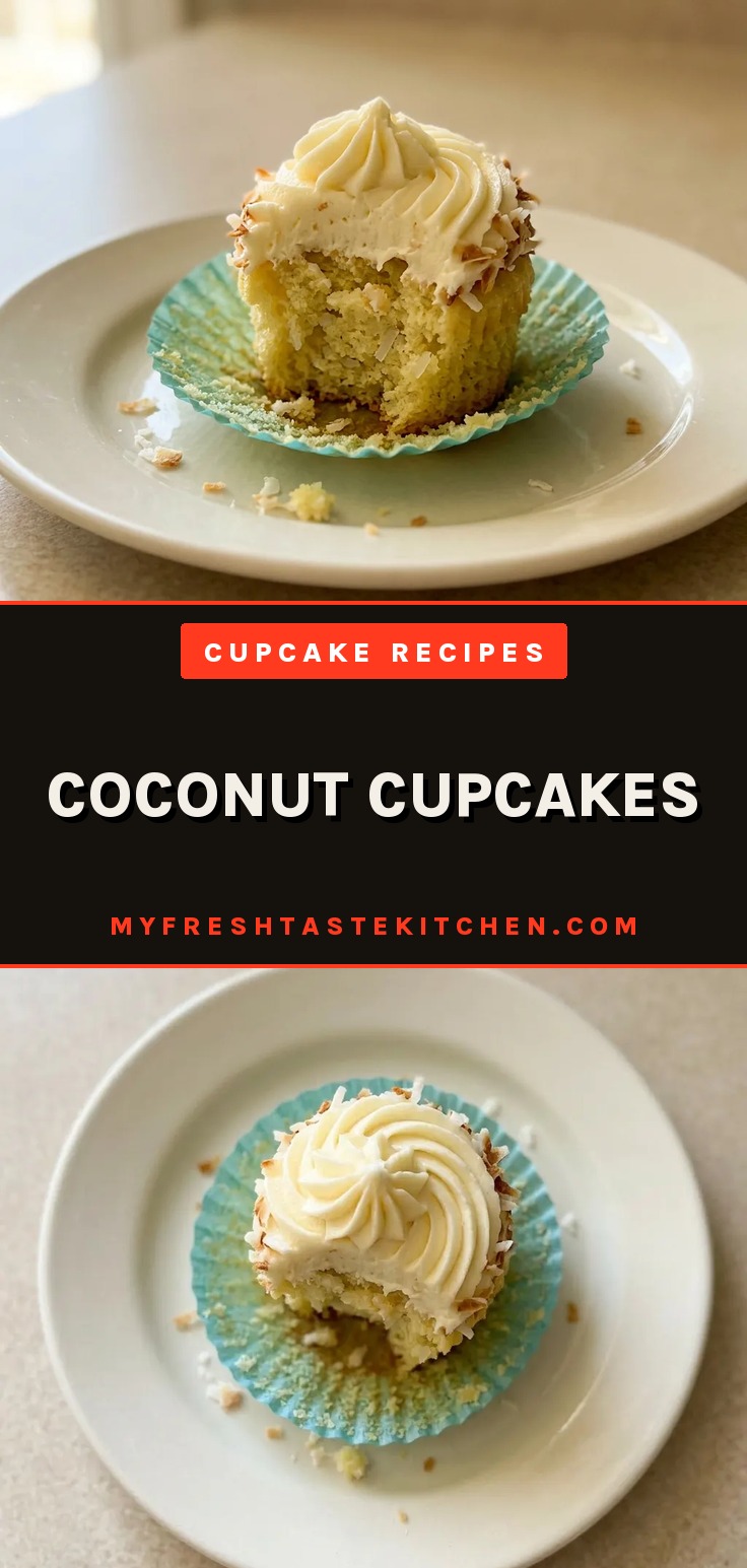 Looking down at three coconut cupcakes topped with white frosting and shredded coconut flakes.