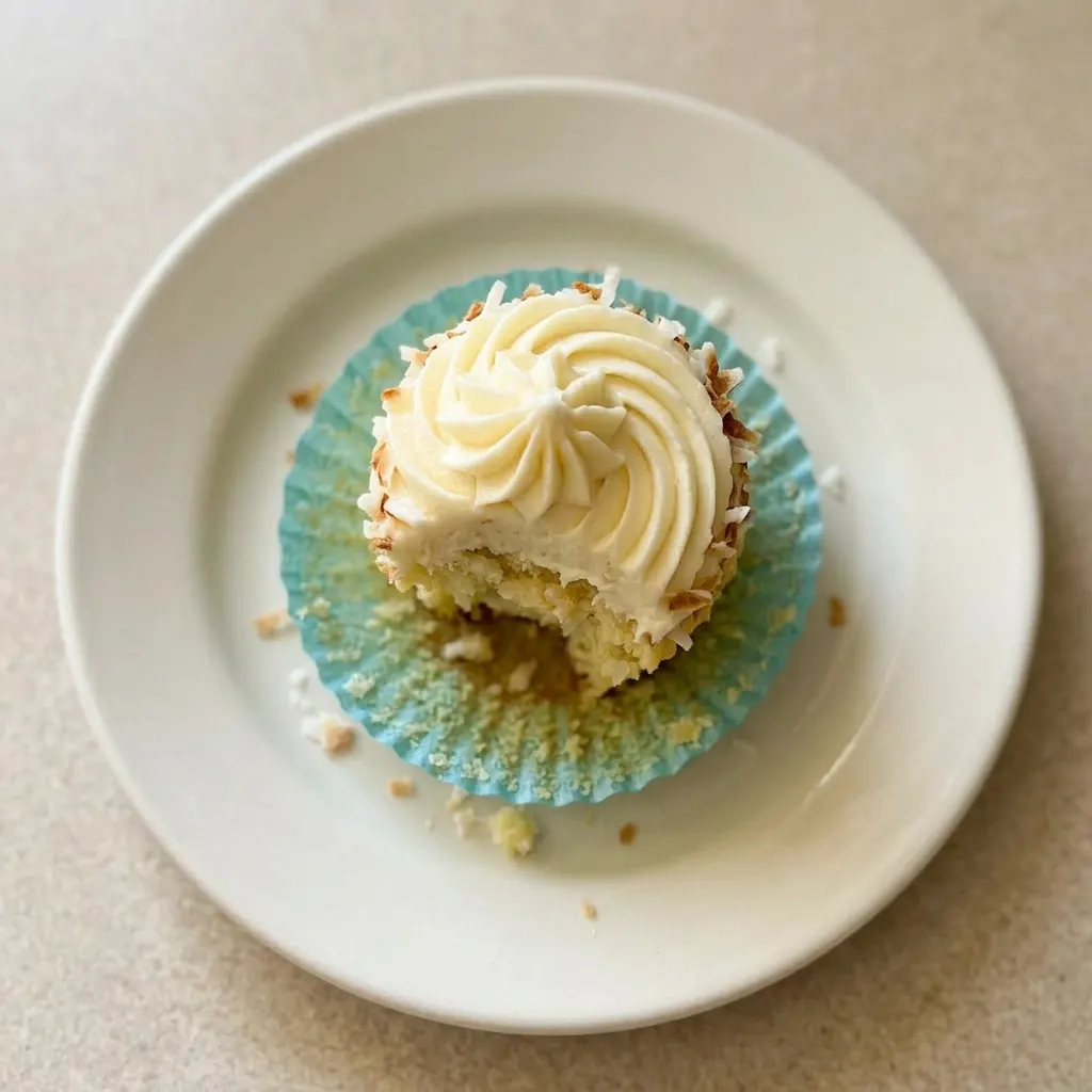 A plate of coconut cupcakes with fluffy frosting and coconut flakes.
