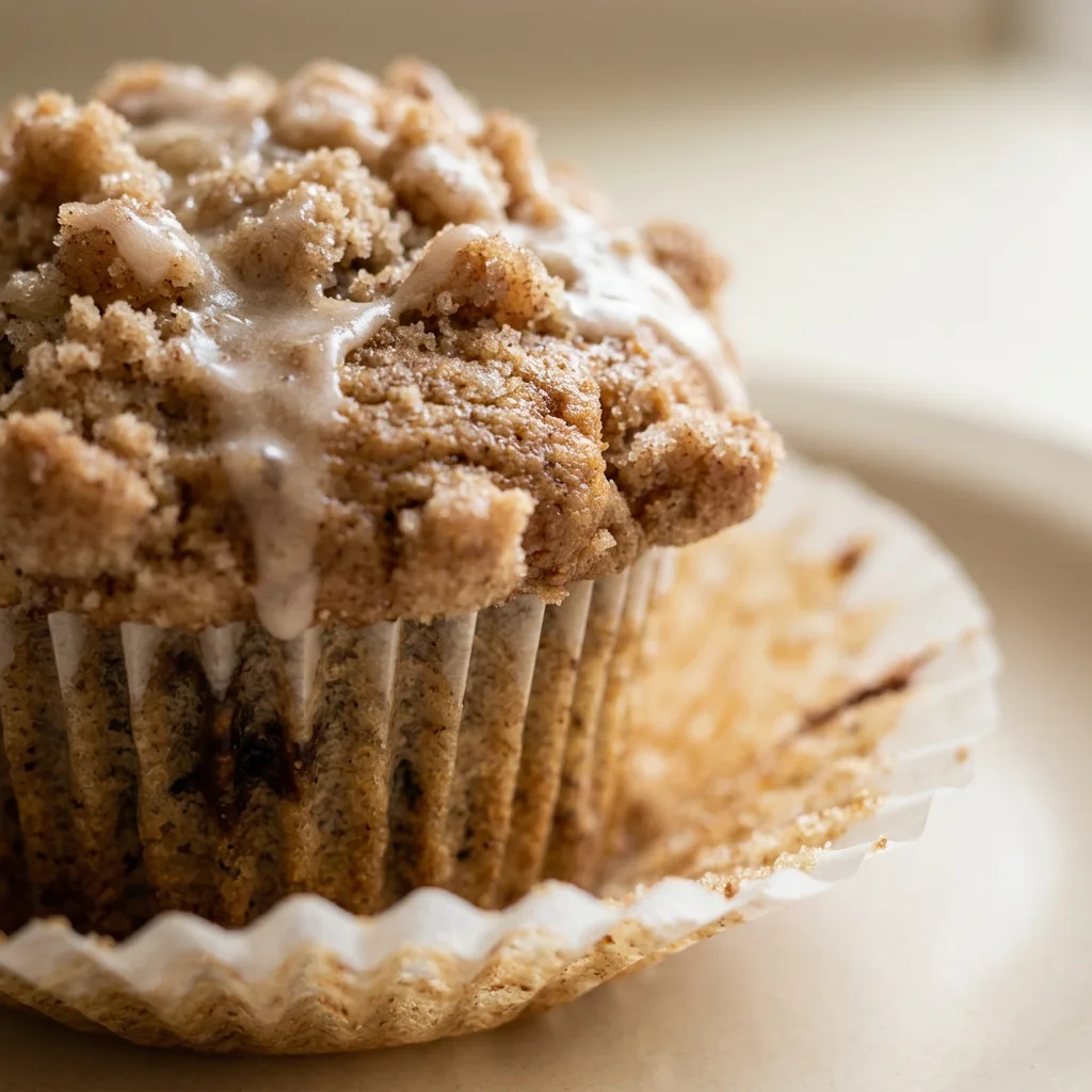 Macro detail of a muffin's crumb topping with butter and brown sugar clusters, and a creamy glaze drizzle.