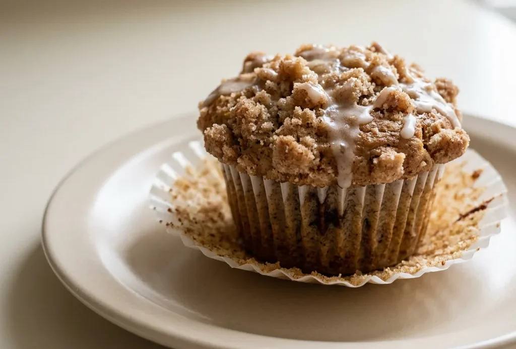 Top-down look at a round muffin with a cinnamon-brown crumb topping and visible banana pieces.